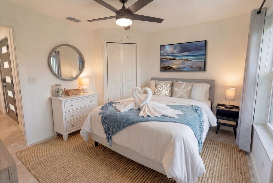 Wake up rested in this calm, coastal-inspired queen bedroom.
