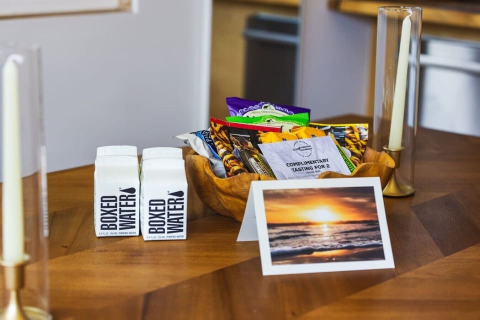 The welcome basket — snacks and water waiting on the table when you arrive.