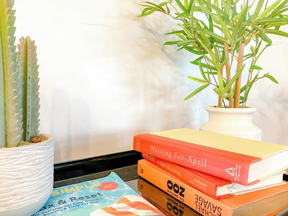 Thoughtful book accents throughout the living space add warmth and personality, creating little moments to pause, read, and relax.