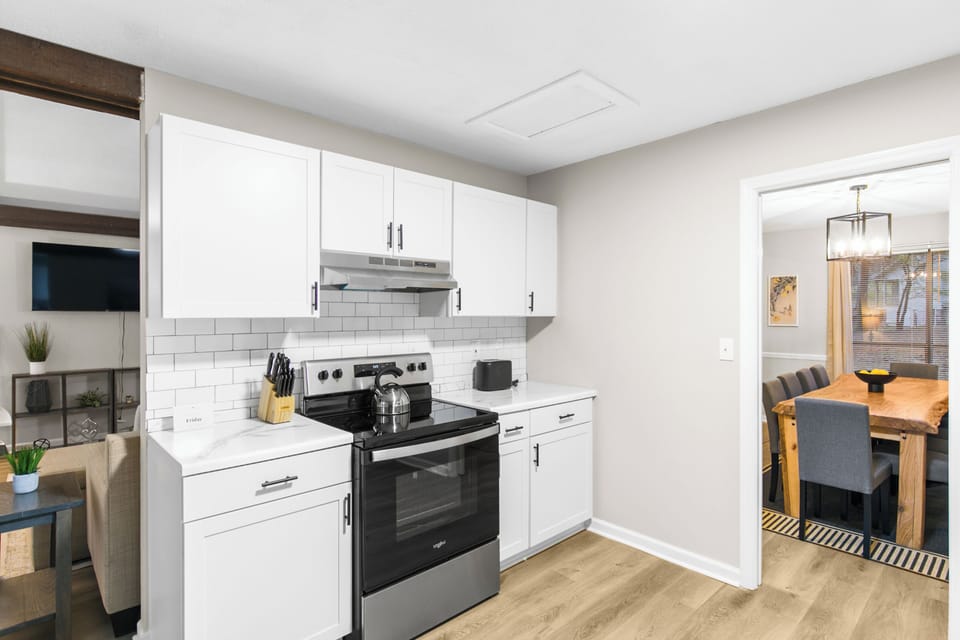 Open flow into the dining area makes it easy to cook, serve, and stay part of the conversation