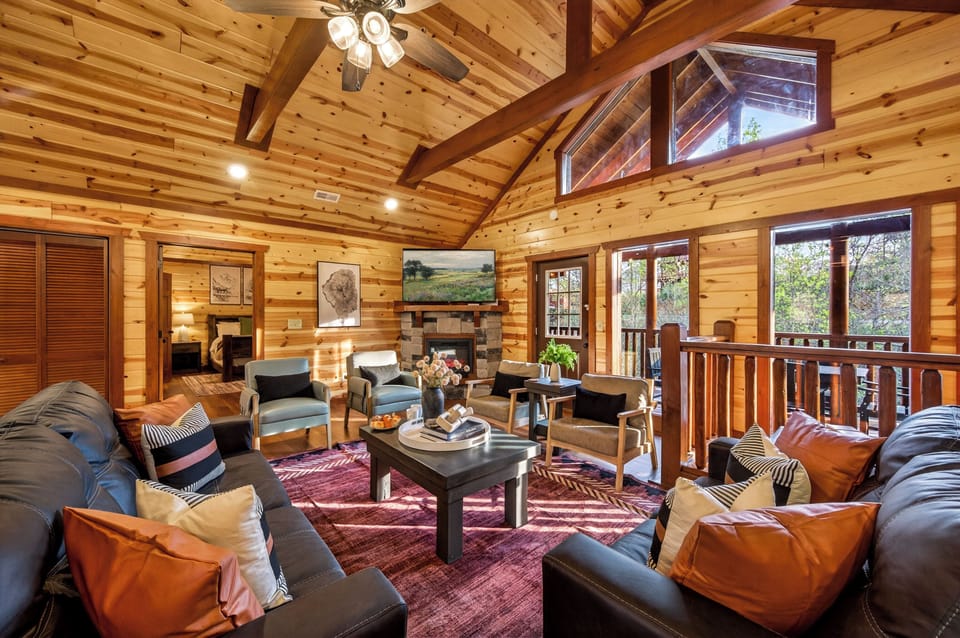 Superior Cabin, Mountain View | Living area | 43-inch Smart TV with digital channels, fireplace