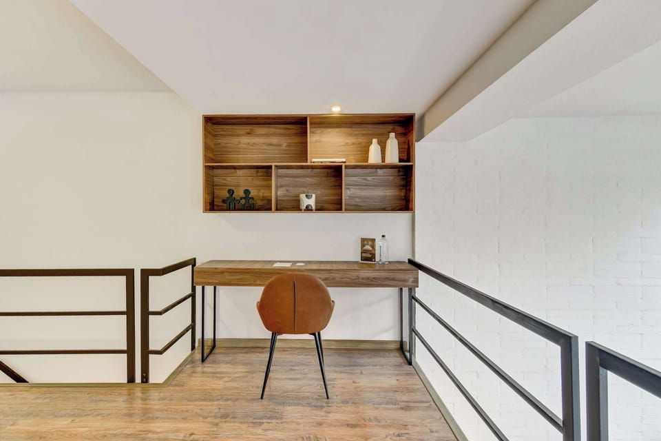 Functional desk with warm wood accents.