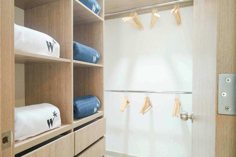 Spacious closet with towels and hanging space