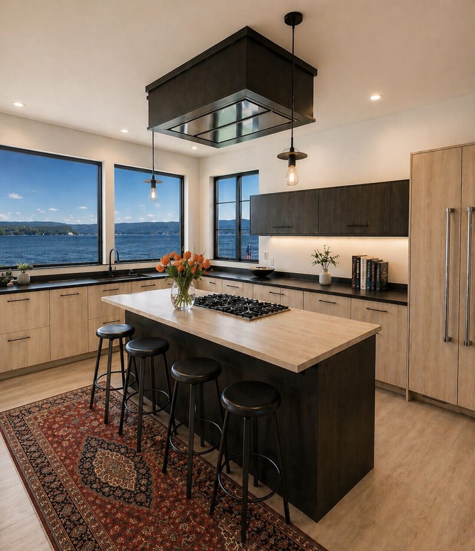 Chef’s Kitchen with Sweeping Water Views & Large Island | Luxury Waterfront Airbnb Whidbey Island