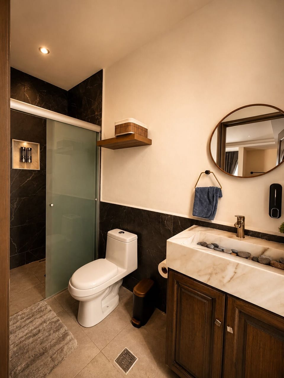 Bathtub, towels, soap, shampoo