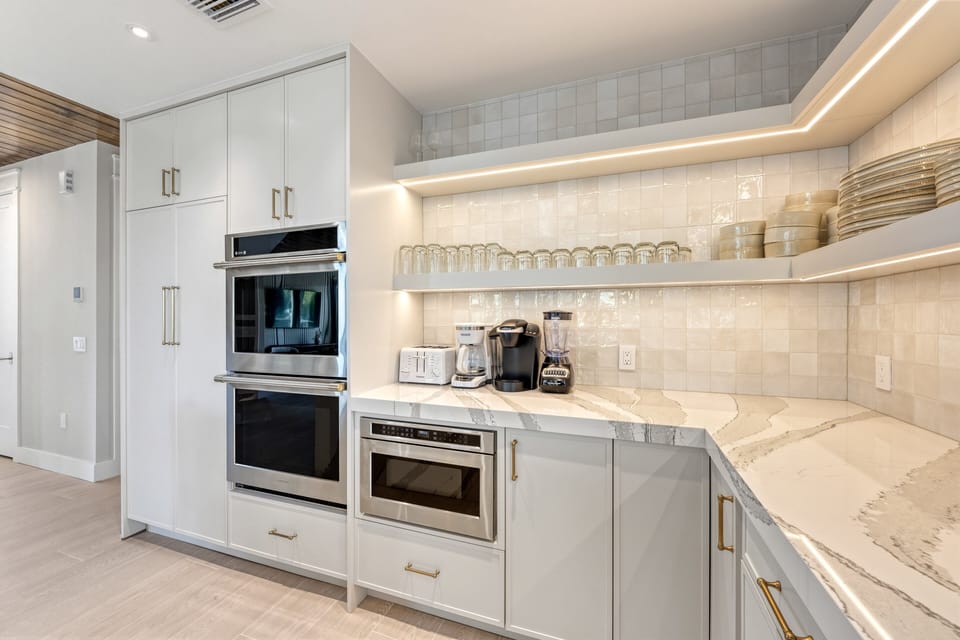 Dedicated coffee and prep station with everything within easy reach.