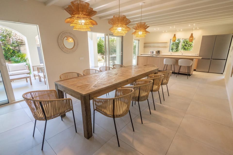 View from the indoor dining area and the kitchen