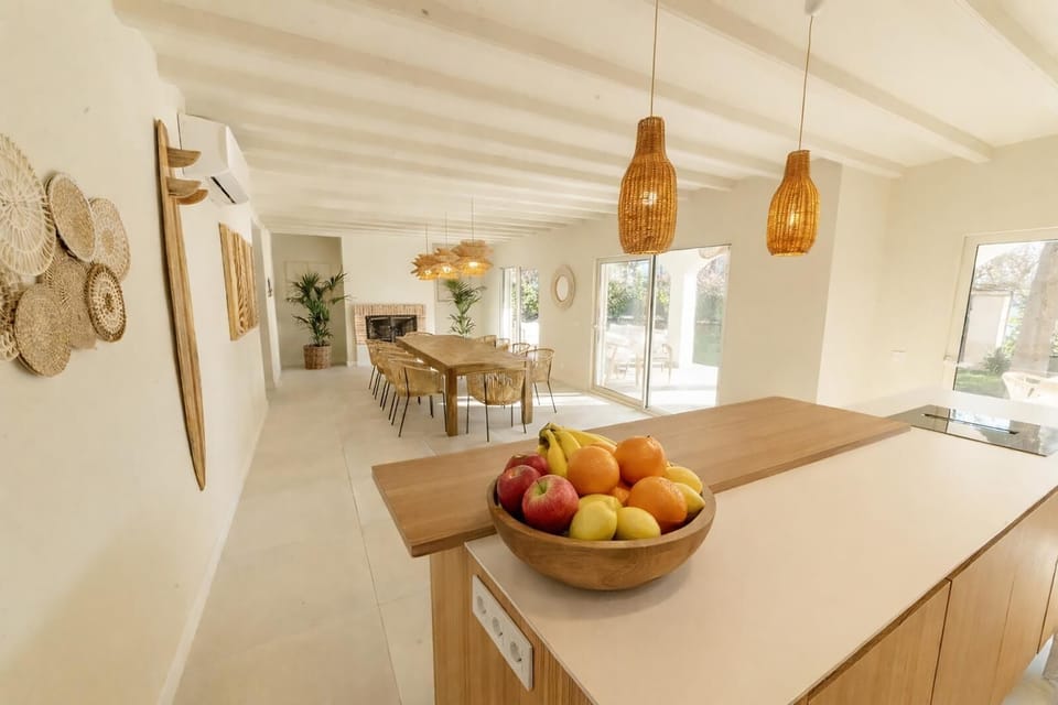 View from the kitchen to the indoor dining area
