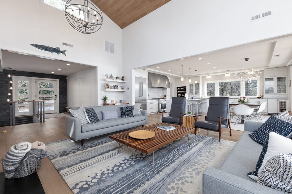 Fireplace warming open-concept living