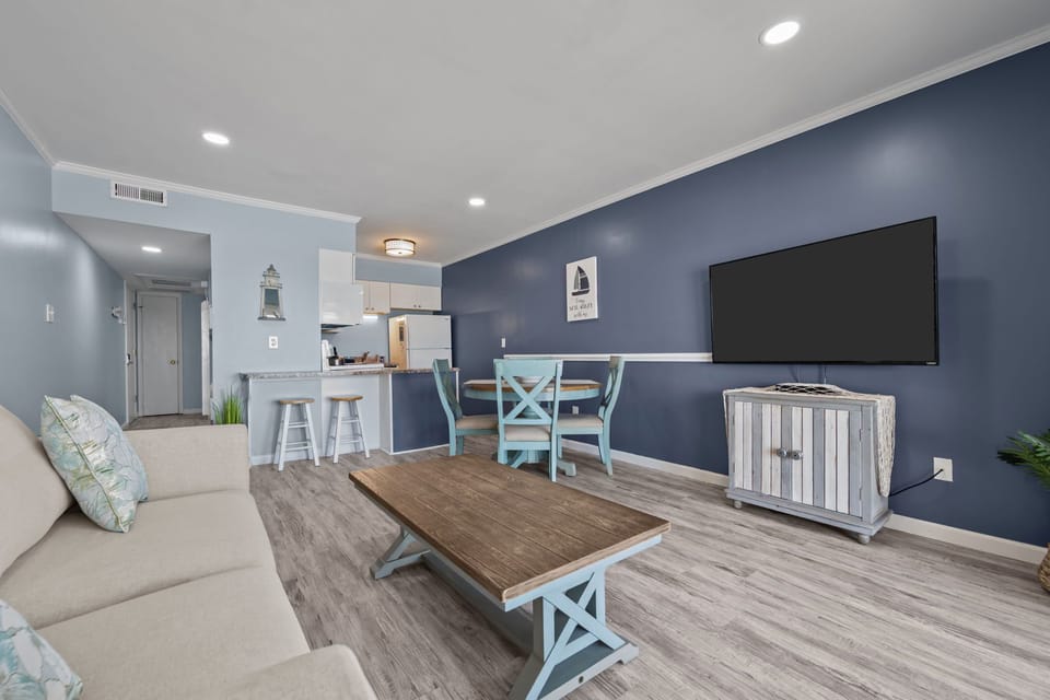 Seamless flow from kitchen to living space makes staying in easy