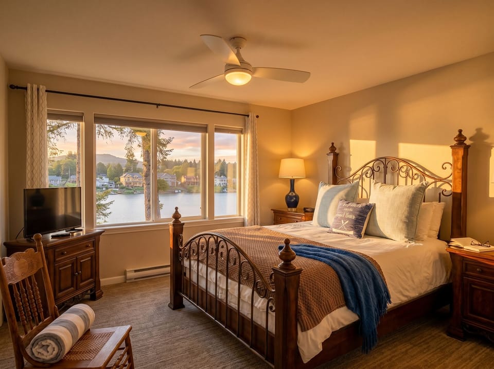Bedroom Retreat: Breathtaking lake views and sunset lighting create the perfect escape!