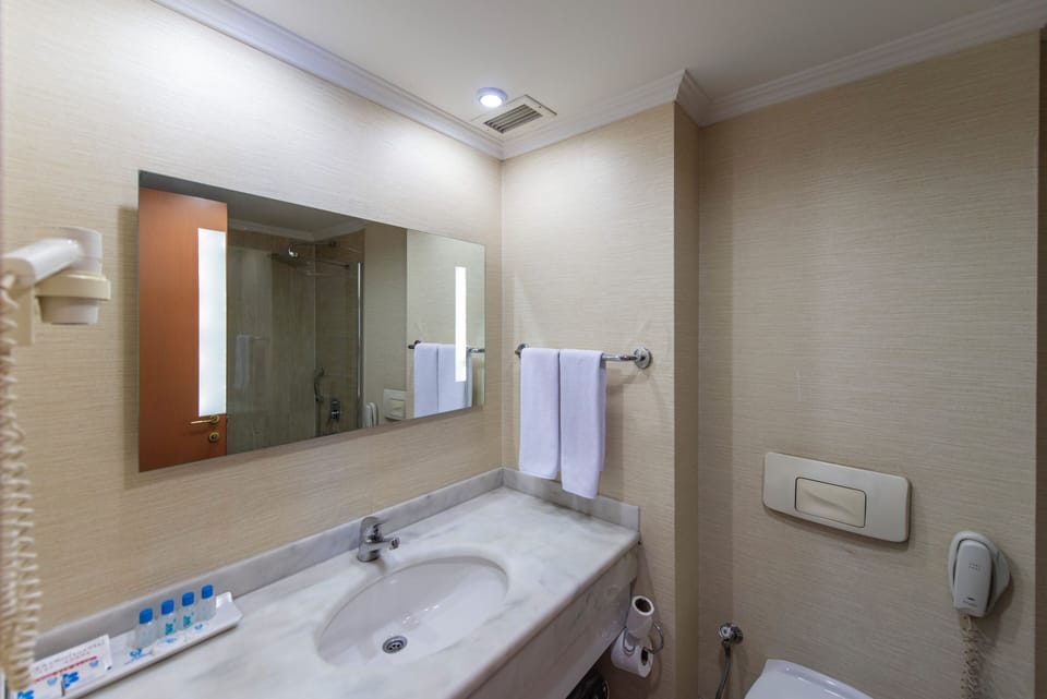 Hair dryer, slippers, towels, soap