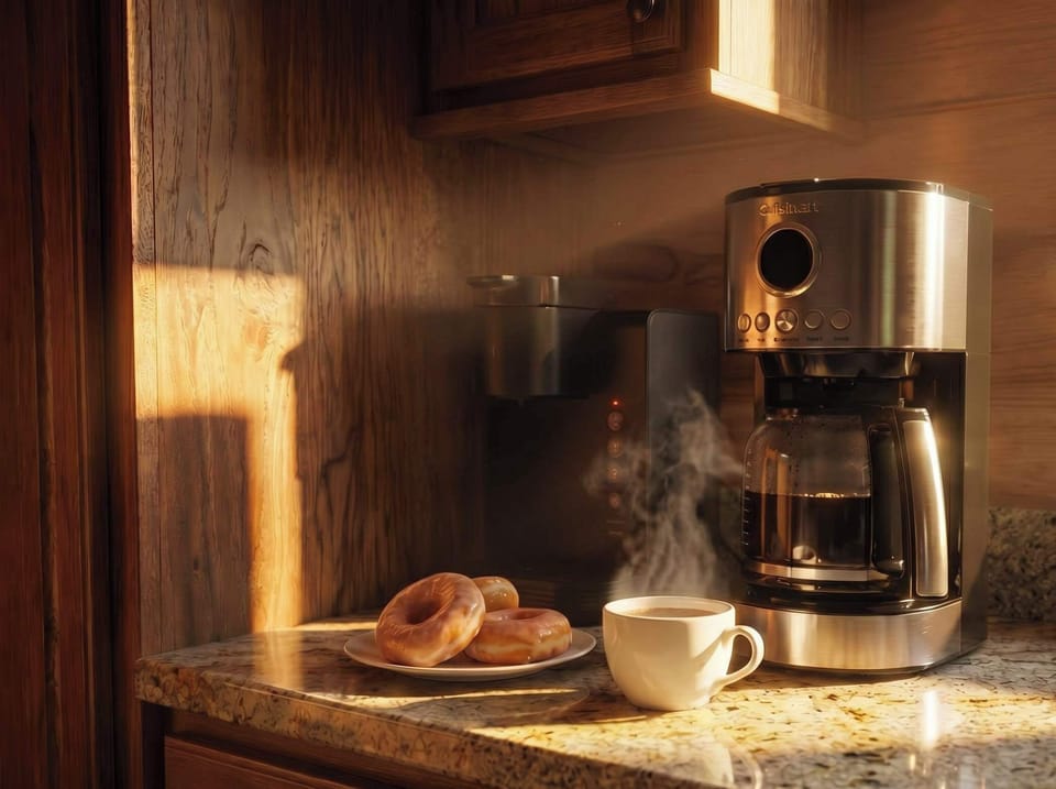Coffee station tucked into a cozy wood nook for easy mornings at the cabin