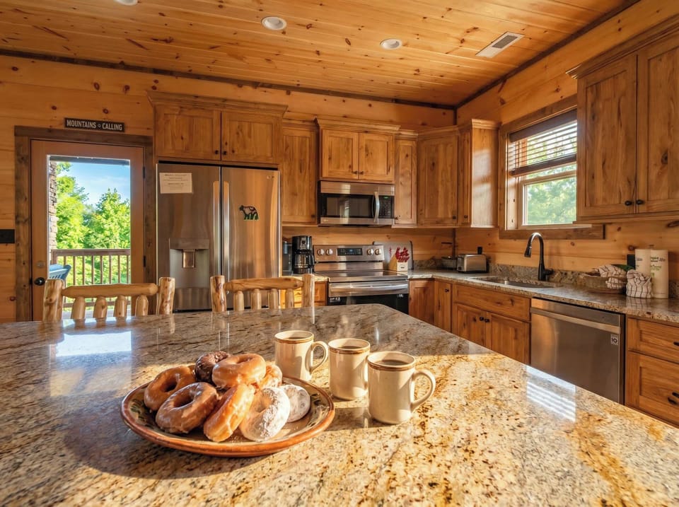 Rustic kitchen w/ granite counters & warm wood finishes throughout the space