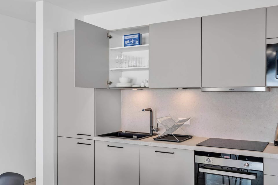 Sleek kitchen with integrated appliances and smart storage solutions.