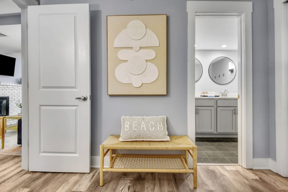 Beachside retreat begins with calming tones.