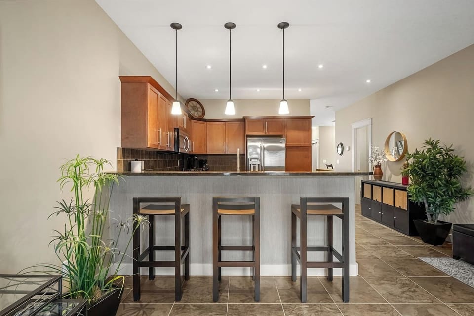 Full kitchen with a blender, crockpot/slow cooker, rice cooker, drip coffee machine, ground coffee, tea, sugar and basic condiments (ketchup, mustard and relish.)