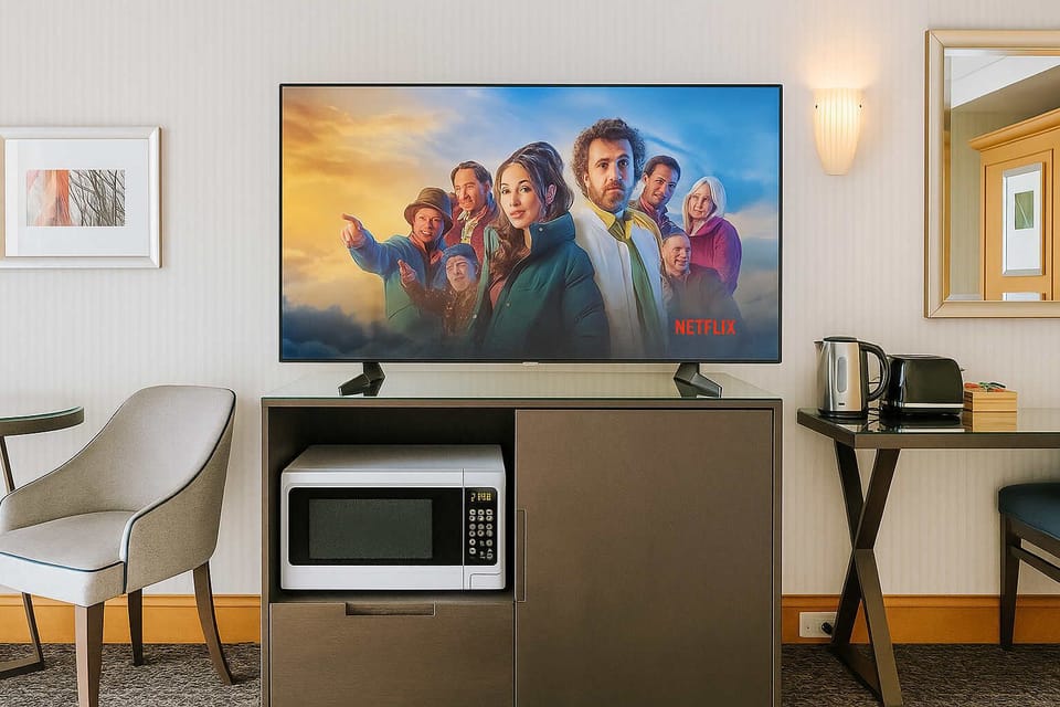 Work Desk, Flat-screen smart TV, dining table, and microwave for your convenience 