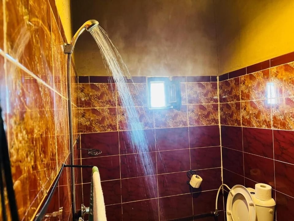 Shower, free toiletries, towels, soap