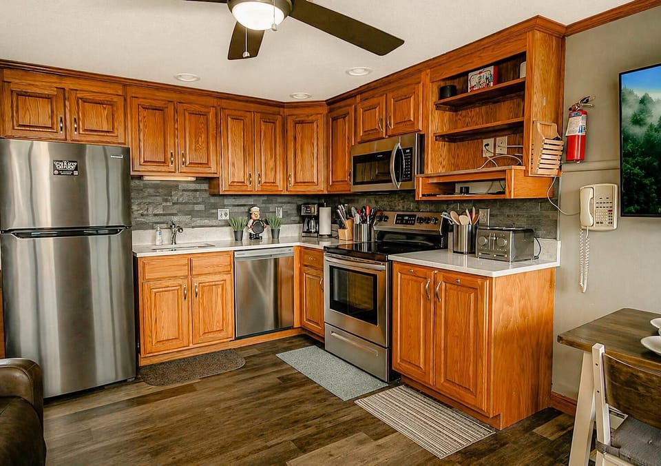 The fully stocked kitchen is perfect for preparing everything from simple snacks to elaborate meals.