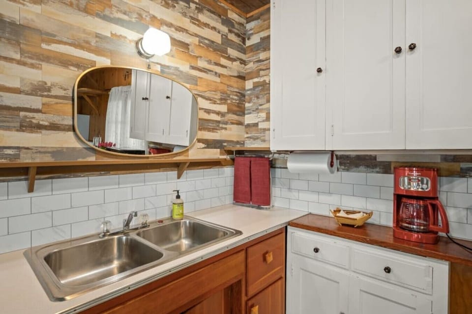 Kitchen | Double Sink & Coffee Maker | Tile Backsplash