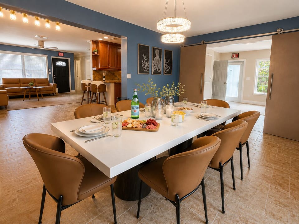 Spacious dining table for shared meals, celebrations, and game nights.