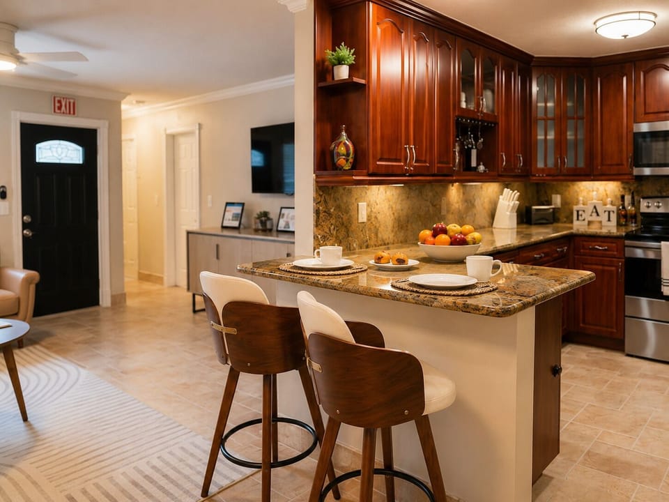 Open kitchen and breakfast bar make cooking and gathering easy.