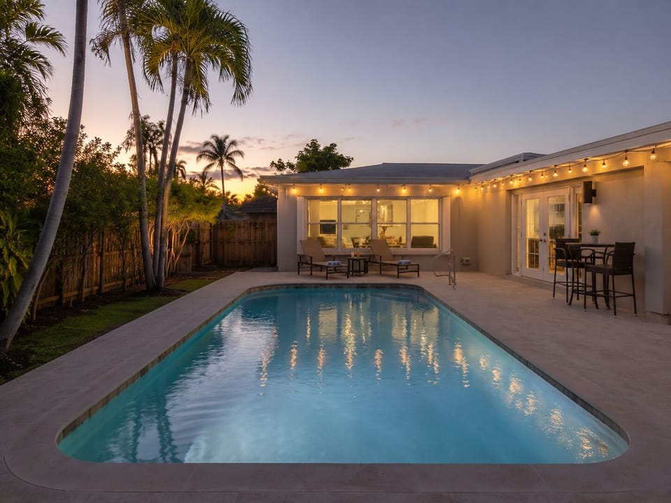 Peaceful evening pool views with plenty of space for the whole group.