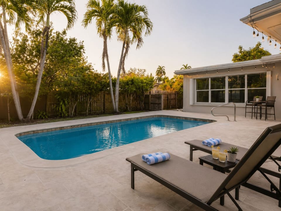 Relax on the loungers beside your private tropical pool.