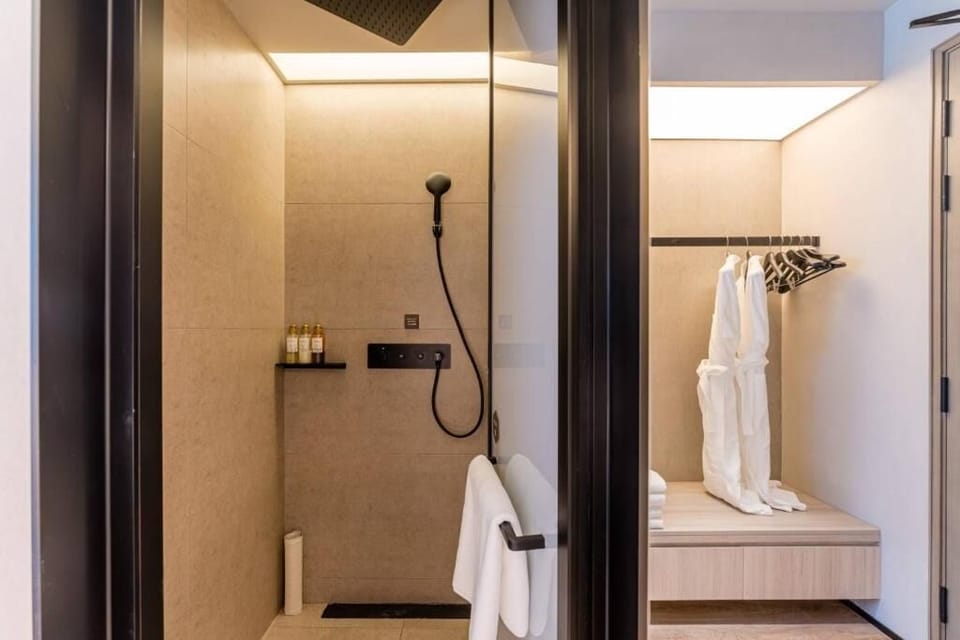 Shower, rainfall showerhead, hair dryer, bathrobes