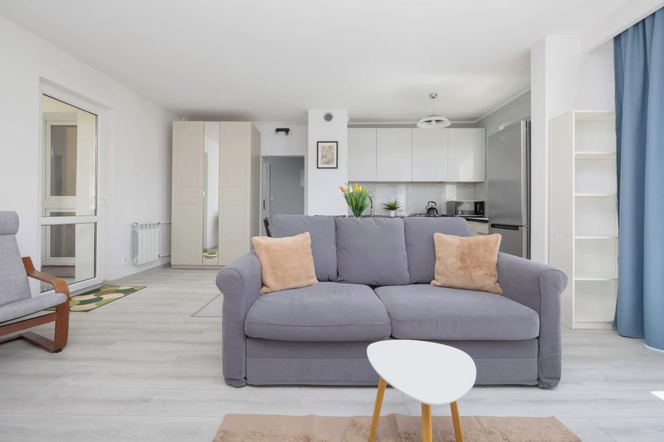 Another angle of the living room showing the sofa and nearby furniture. The layout is compact but well-organized for comfort.