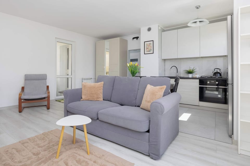 A living area with a sofa, coffee table, and a rug adding warmth. The space feels simple and practical with a modern touch.