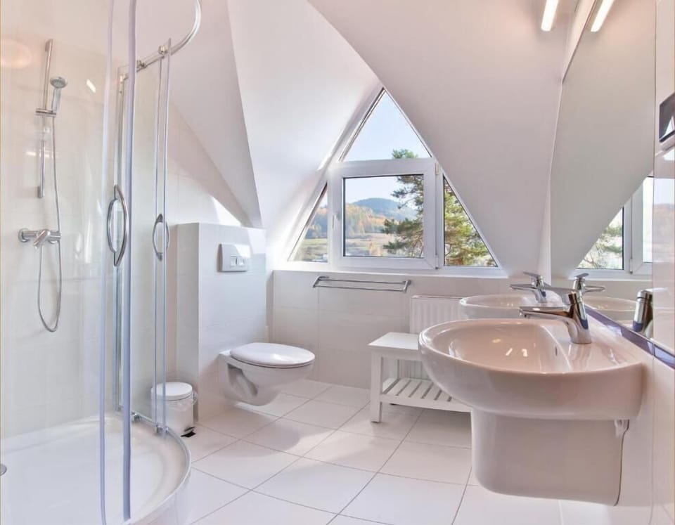 Shower, rainfall showerhead, free toiletries, hair dryer