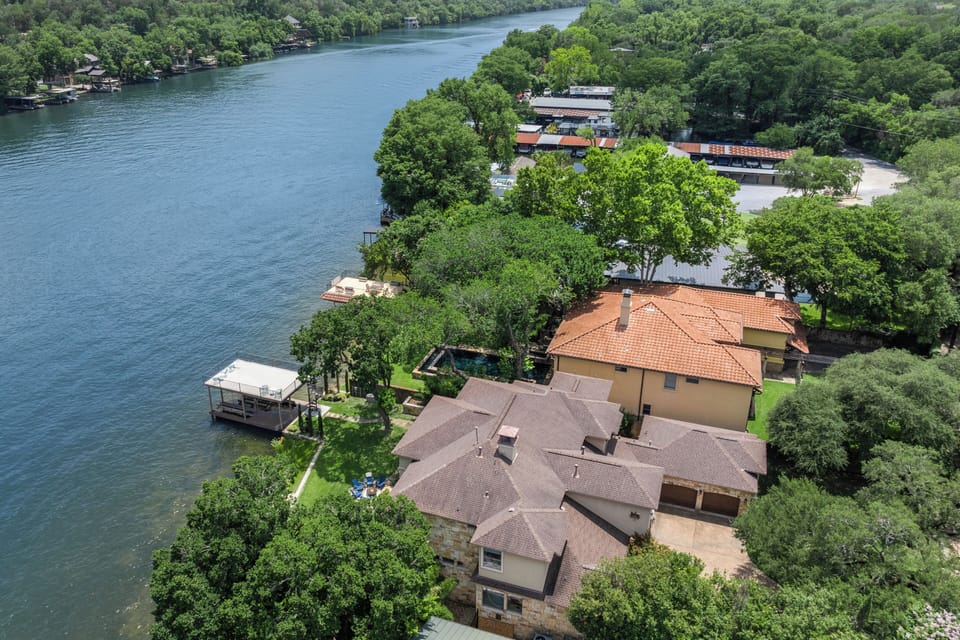 Private dock and grounds from above on quiet Lake Austin