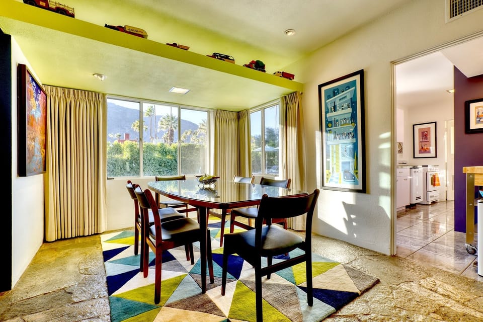 Dining area with view to kitchen. 