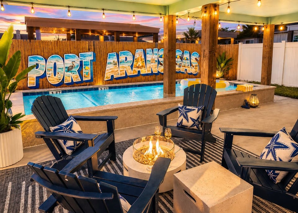 Fire pit with seating right next to the pool