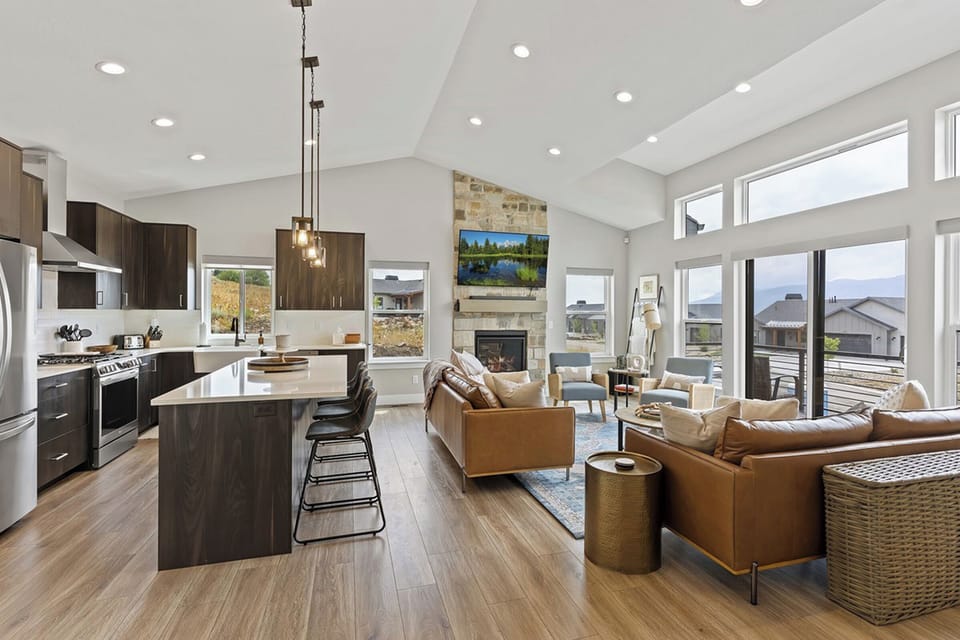 Stylish kitchen and living area designed for gathering and relaxing