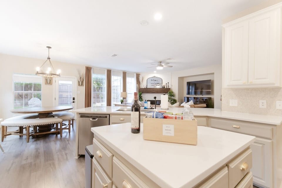 Fully equipped kitchen with modern appliances, island space, and everything needed for longer stays.