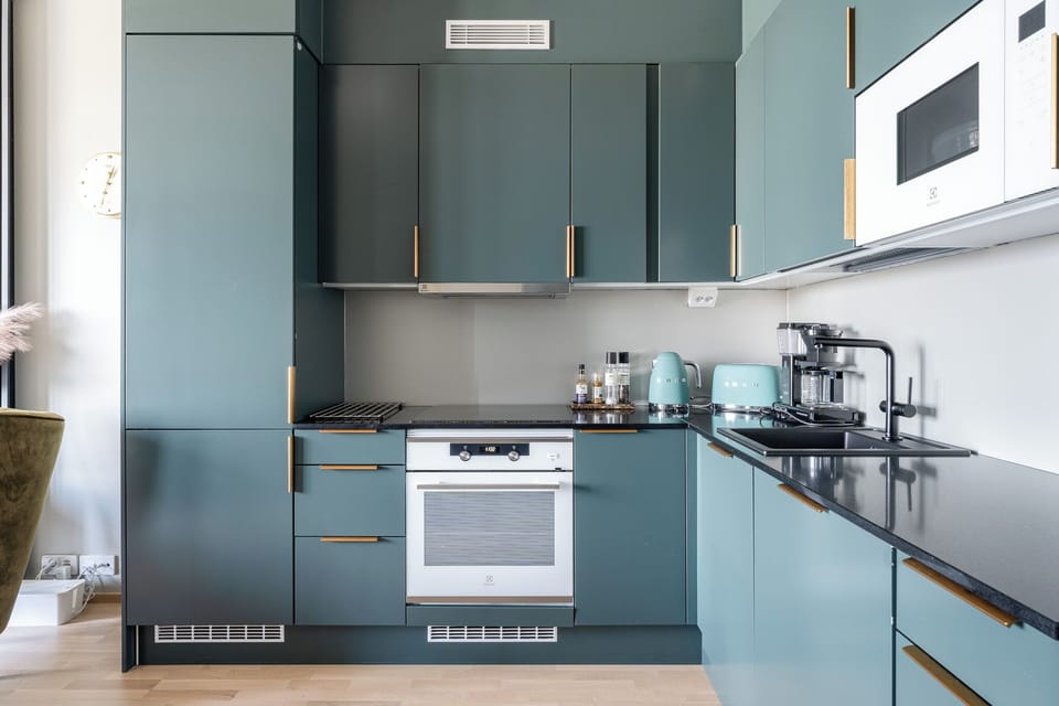 Superior Apartment, Air conditioning, City View | Private kitchen | Fridge, microwave, oven, stovetop