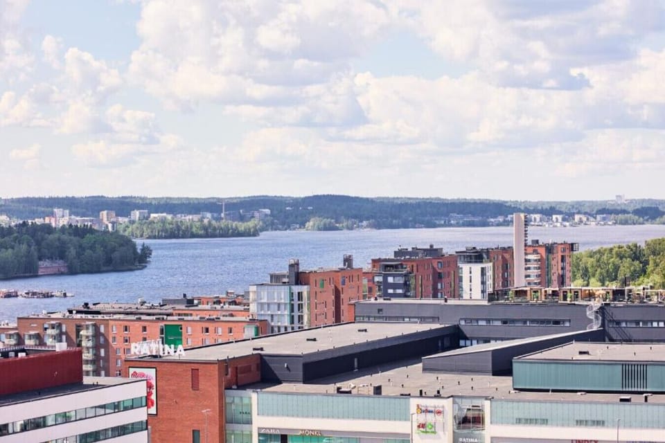 Take in the stunning panoramic views of the lake and Tampere skyline, accessible from the building`s public rooftop area.