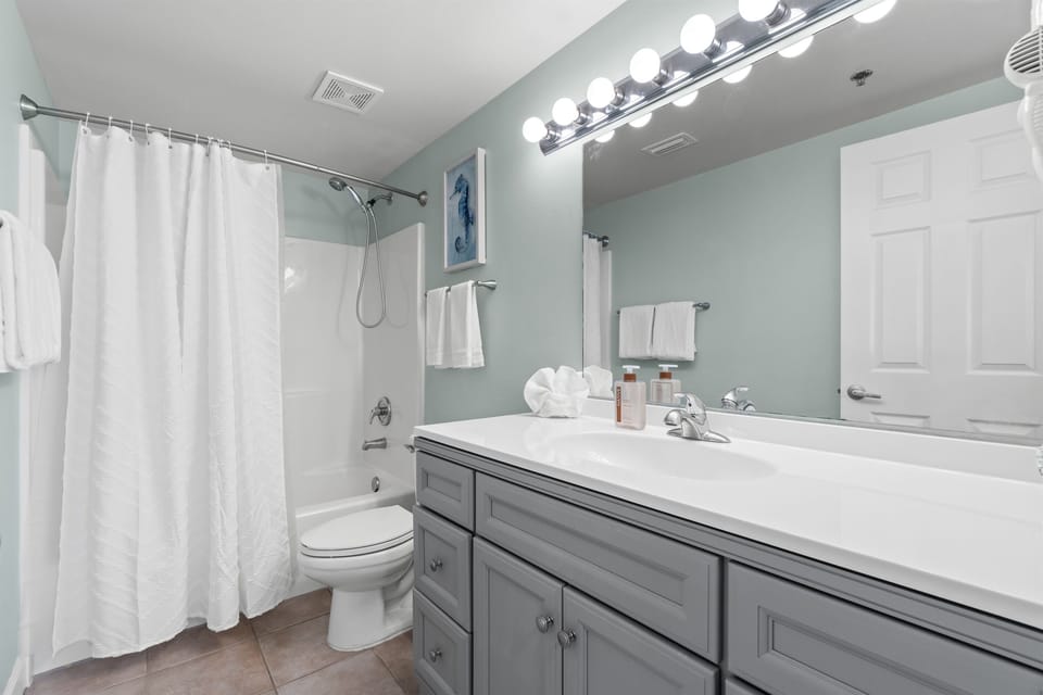 The ensuite master bathroom. Includes updated vanity, toilet and shower/tub combo.