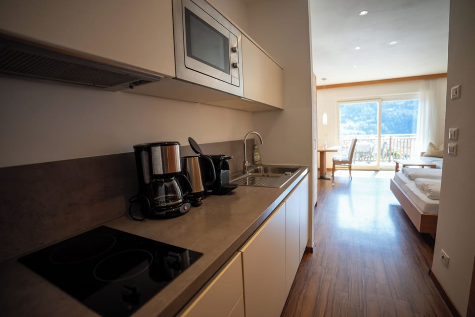 Studio, Balcony, Mountain View | Private kitchen | Fridge, microwave, stovetop, dishwasher