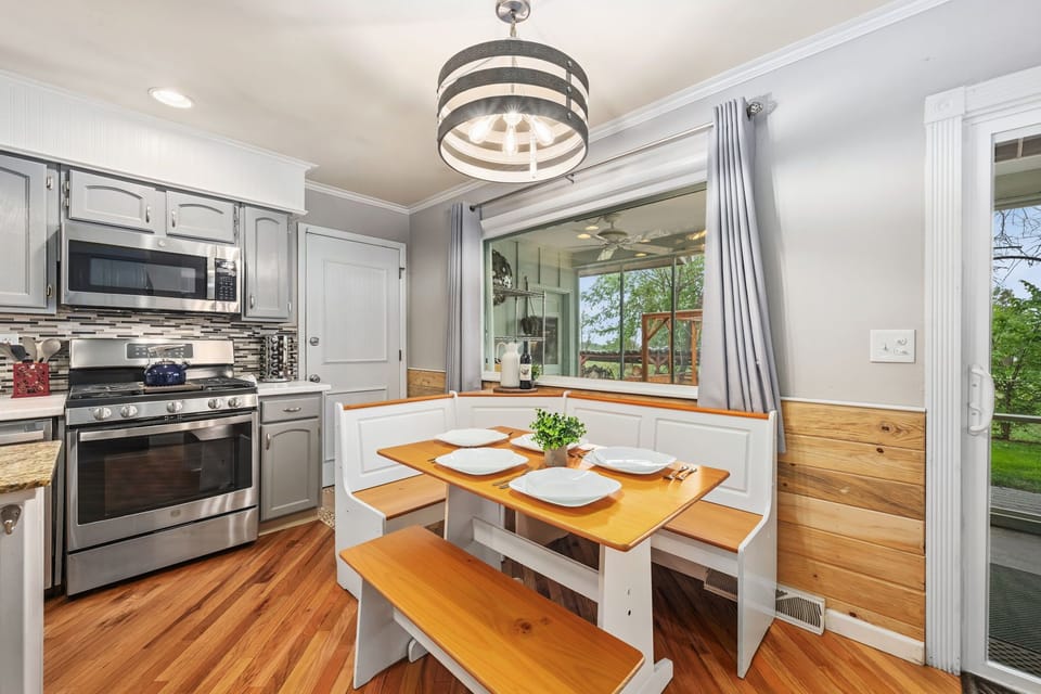 Gather around the cozy breakfast nook to enjoy morning coffee and meals.