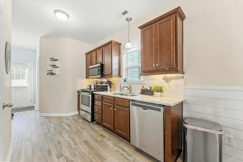 An updated kitchen makes preparing meals a breeze.