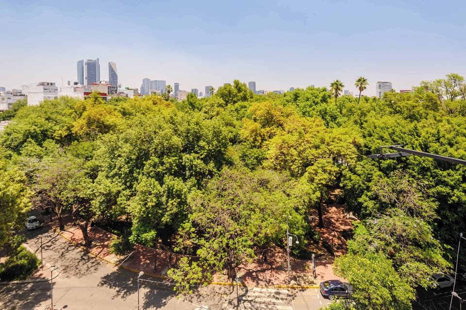 Beautiful panoramic views surrounded by lush trees.