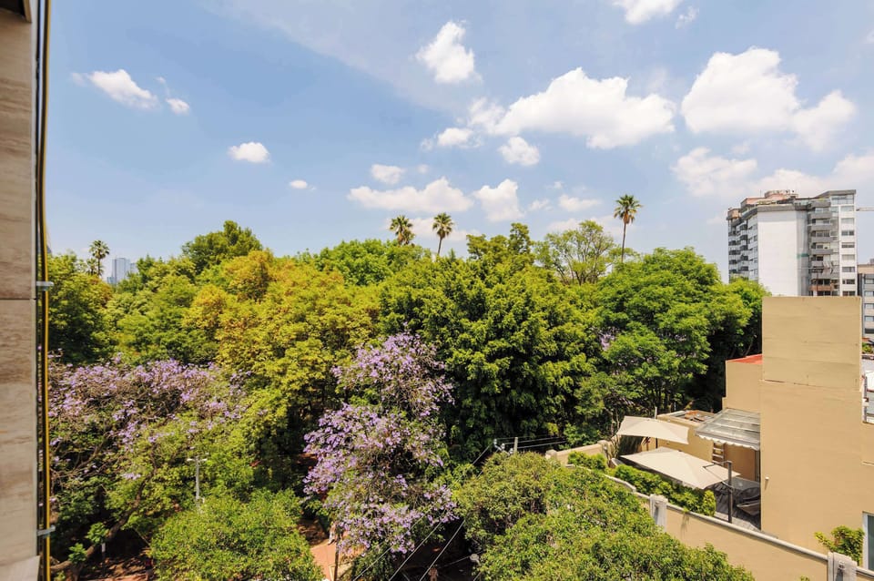 View of surrounding greenery and city skyline.

