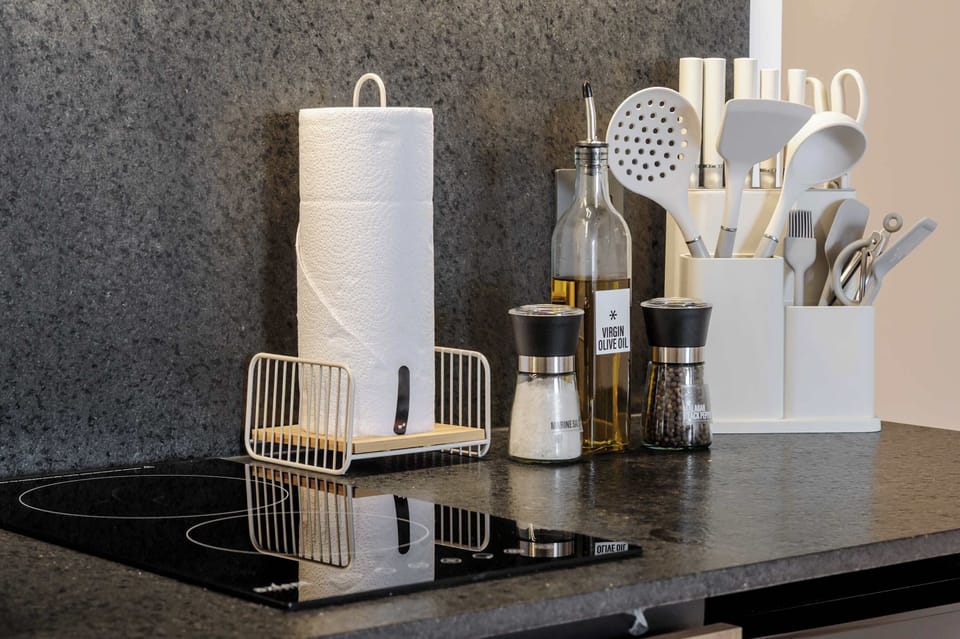 Kitchen essentials neatly arranged.
