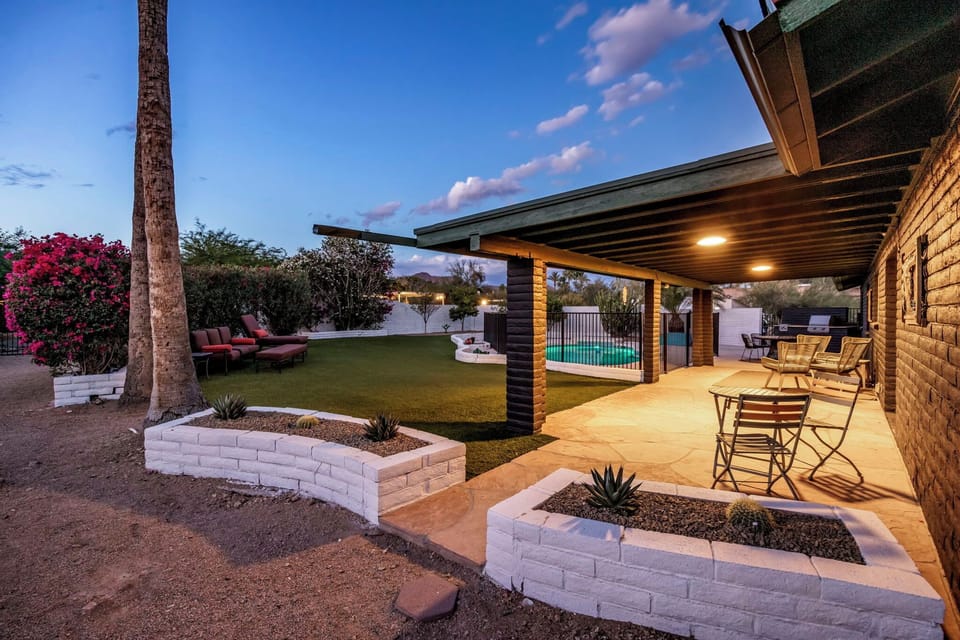 Sunset on the covered patio — where the back half of every day happens.