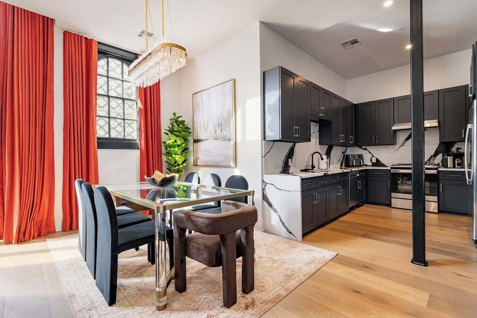 Fully stocked kitchen and dining area for six.