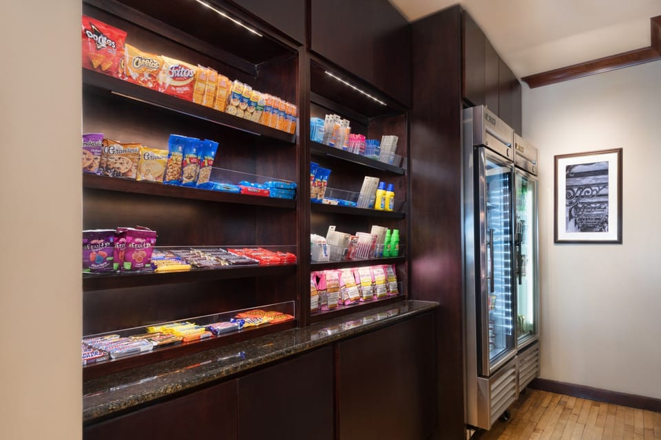 Grab snacks and essentials from the well-stocked on-site pantry.